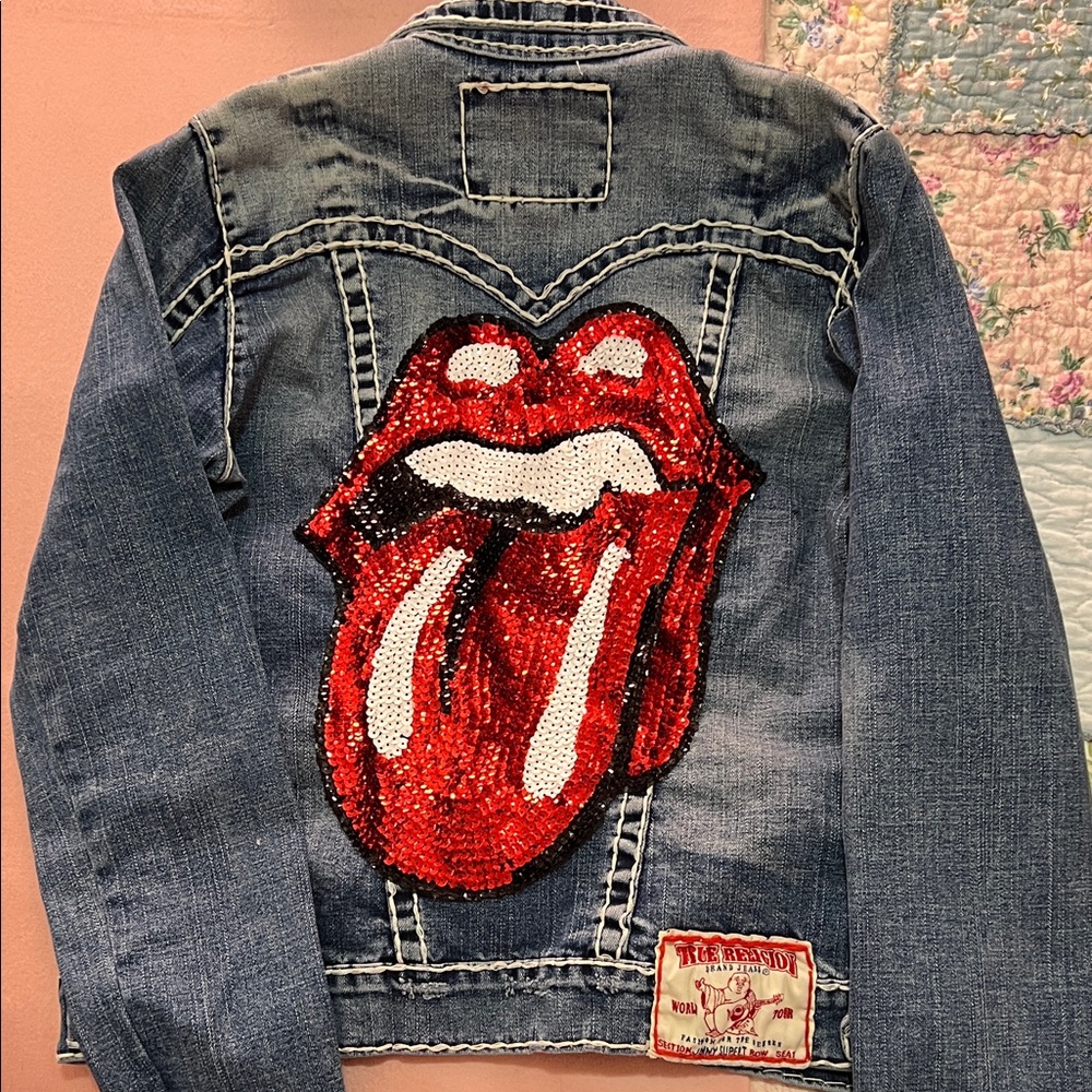 Denim Jacket with Red Sequin Tongue Design